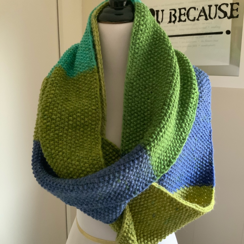 Hand knit ombré cowl. Wear single as a long scarf or doubled as a cowl